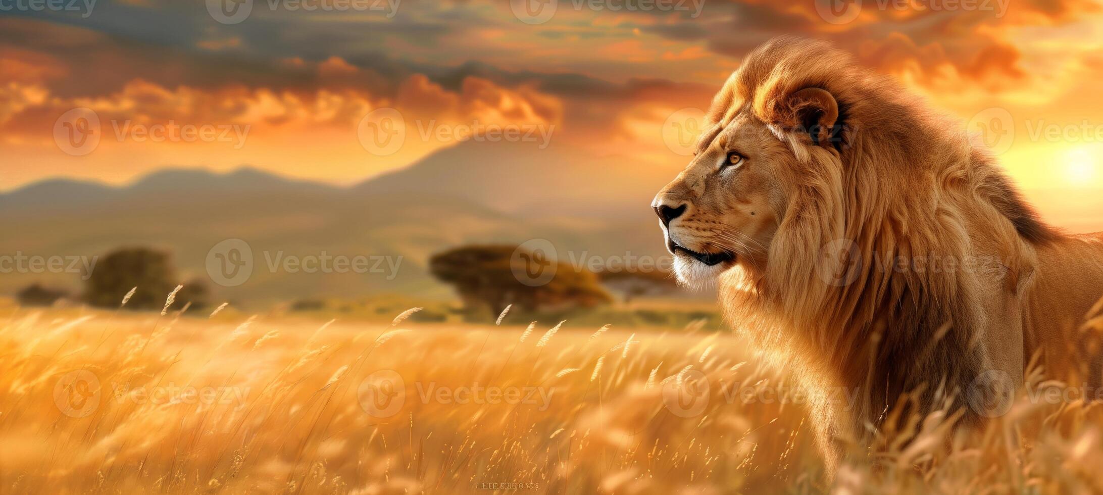 A majestic lion standing in a golden savannah at sunset, with a dramatic sky and distant mountains photo