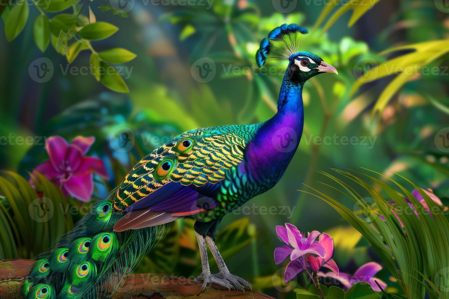 A magnificent peacock standing amidst lush tropical foliage and vibrant flowers photo