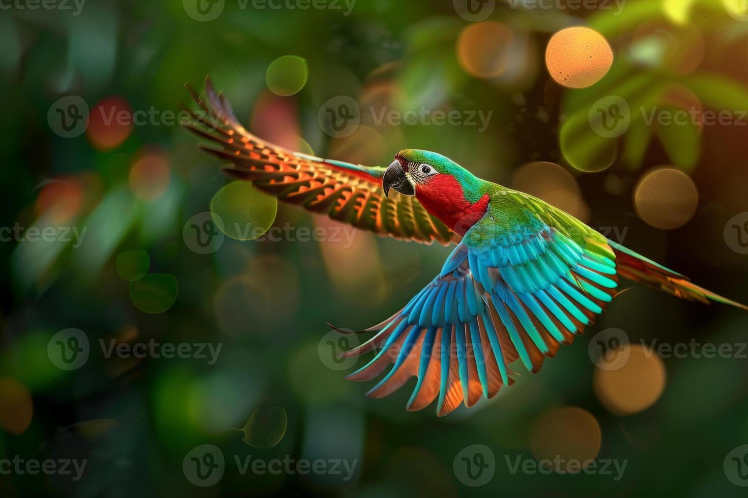 A colorful parrot with green, blue, and red feathers captured mid-flight against a lush, blurred jungle backdrop photo