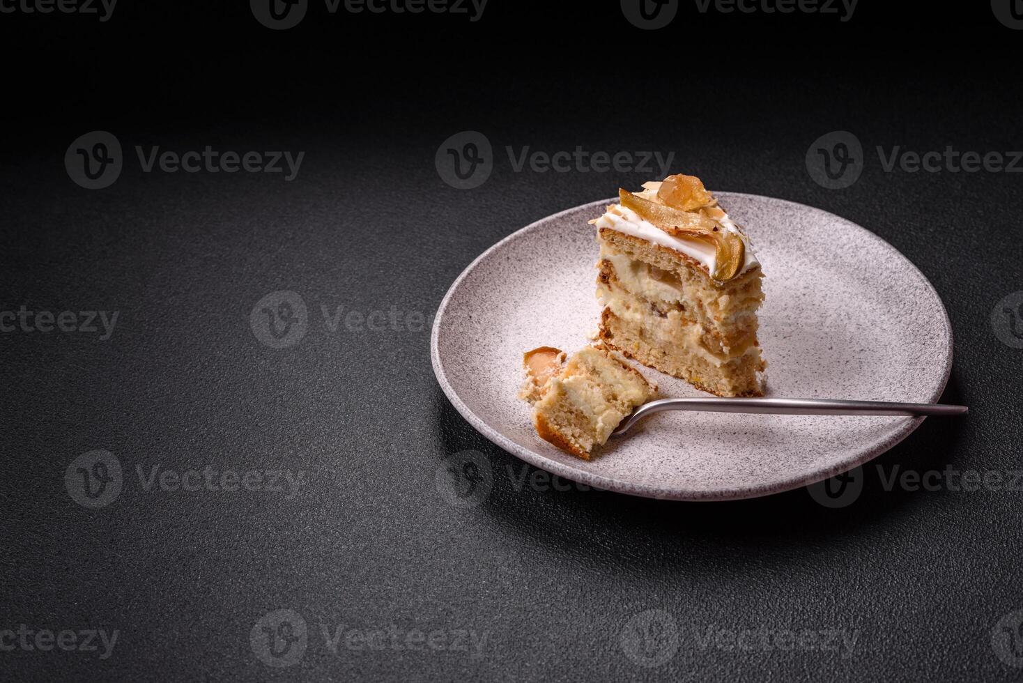 Layered sweet cake with cream, pear and dorblu cheese photo