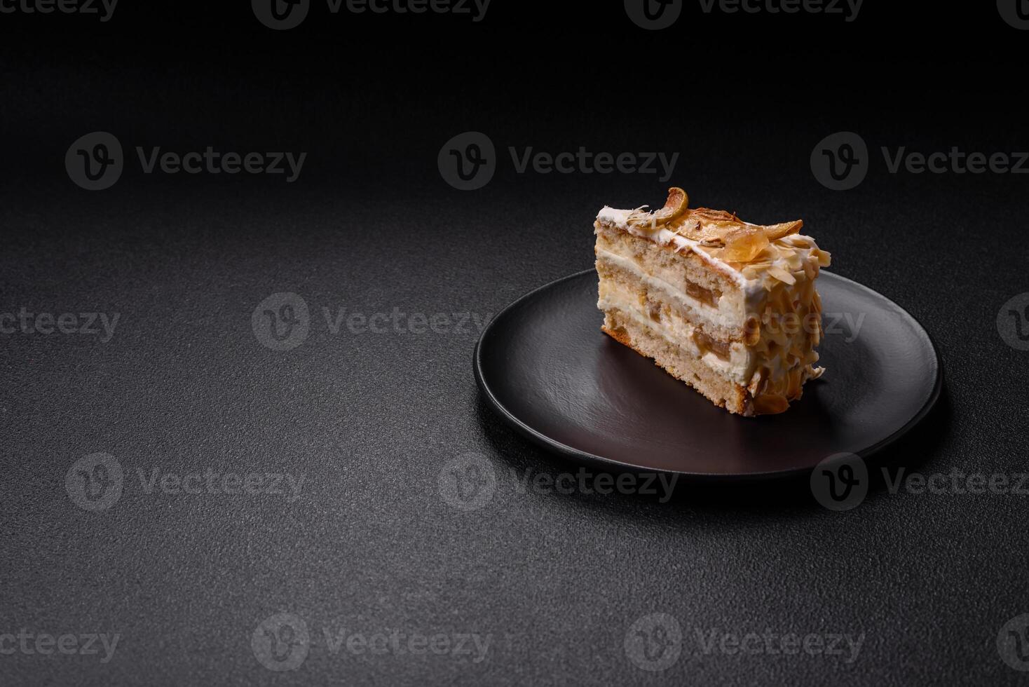 Layered sweet cake with cream, pear and dorblu cheese photo