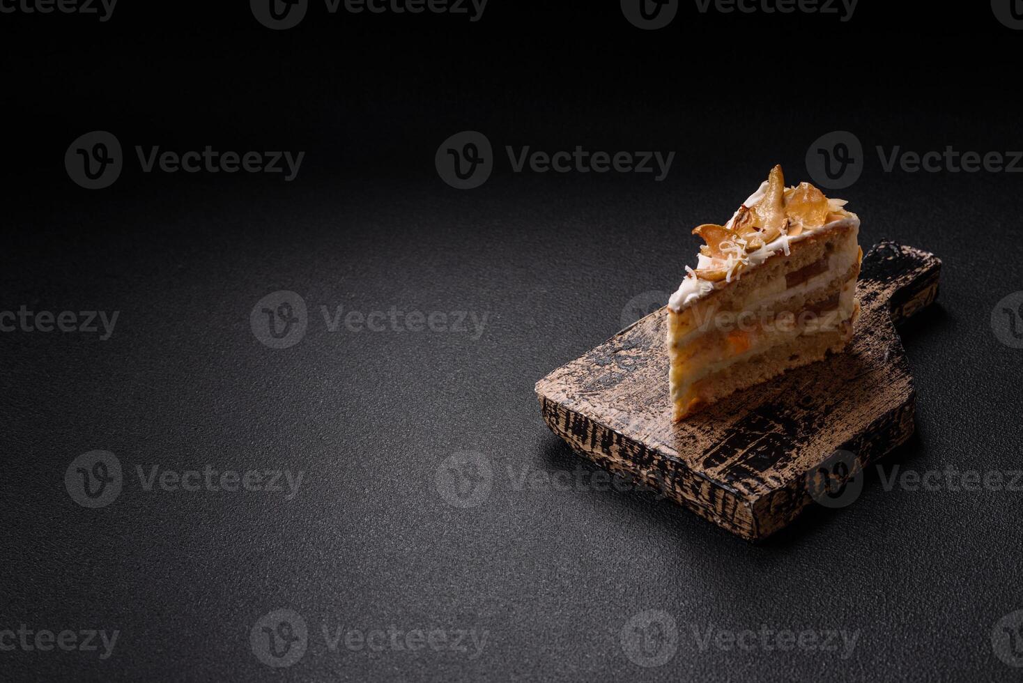 Layered sweet cake with cream, pear and dorblu cheese photo
