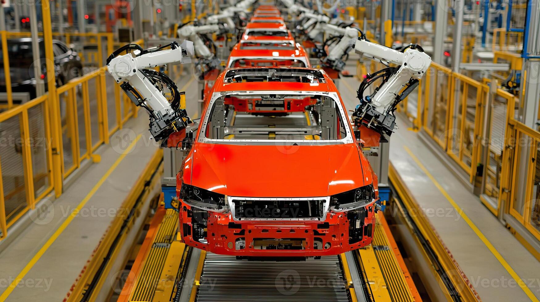 Factory robots working in unison, assembling complex car parts with speed and precision photo