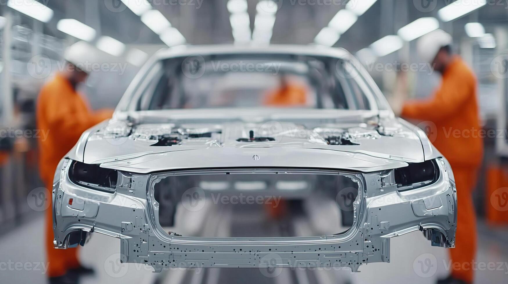 Fully automated assembly line in car factory, emphasizing precision and speed of mass production photo