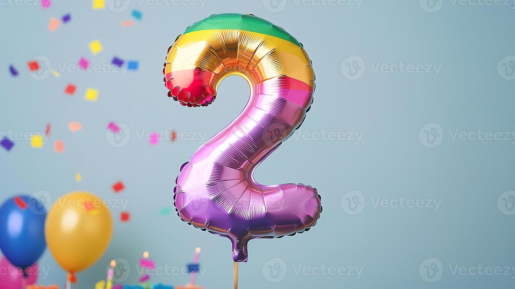 Bright rainbow number 2 balloon in a colorful setting, lively birthday scene, festive decor and confetti photo