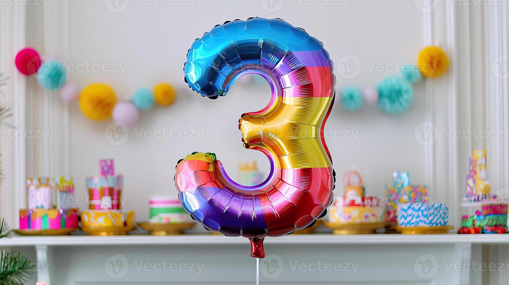 Bright rainbow number 3 balloon against a festive background, cheerful birthday setup with colorful decorations photo