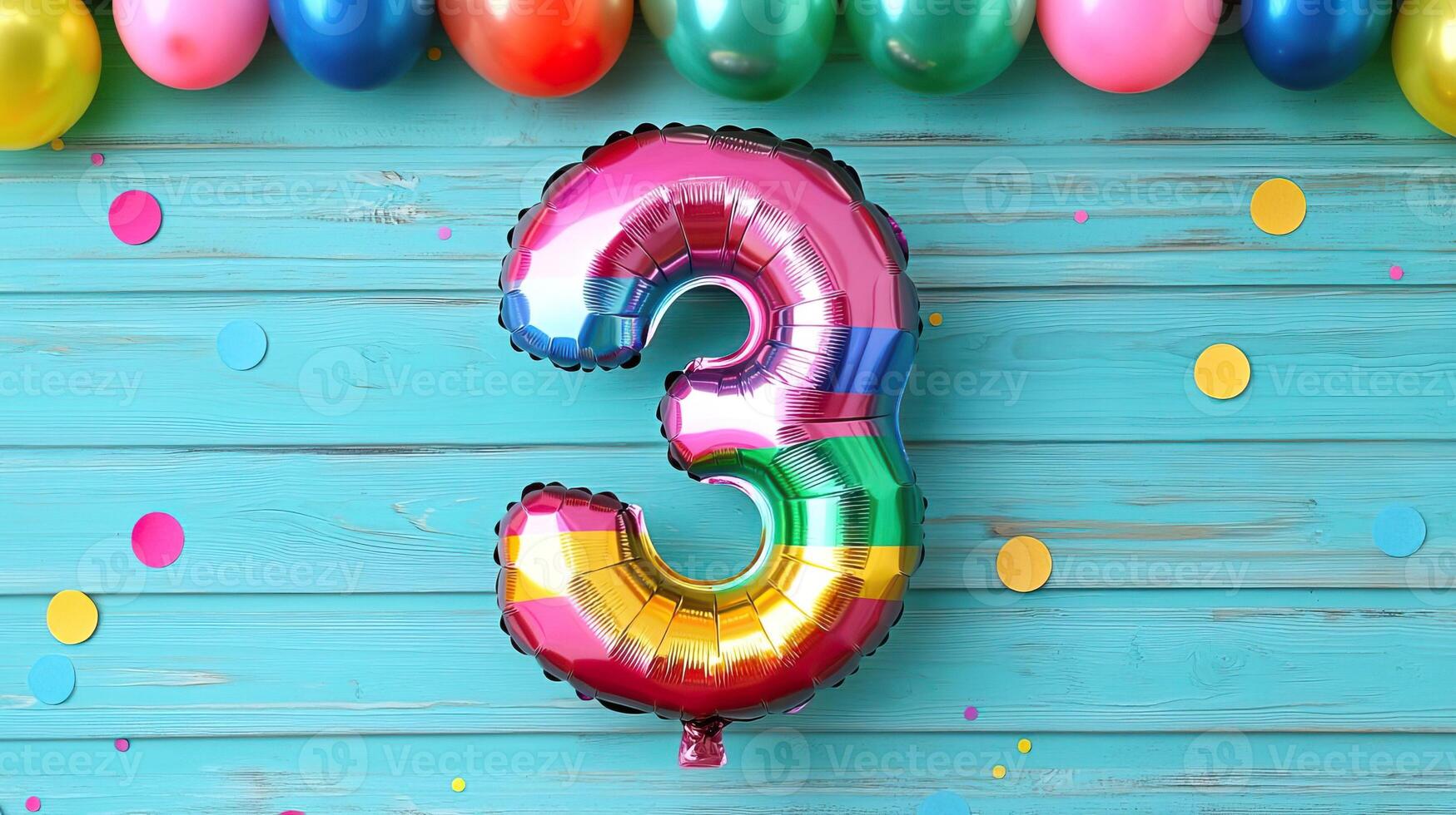 Bright rainbow number 3 balloon against a festive background, cheerful birthday setup with colorful decorations photo