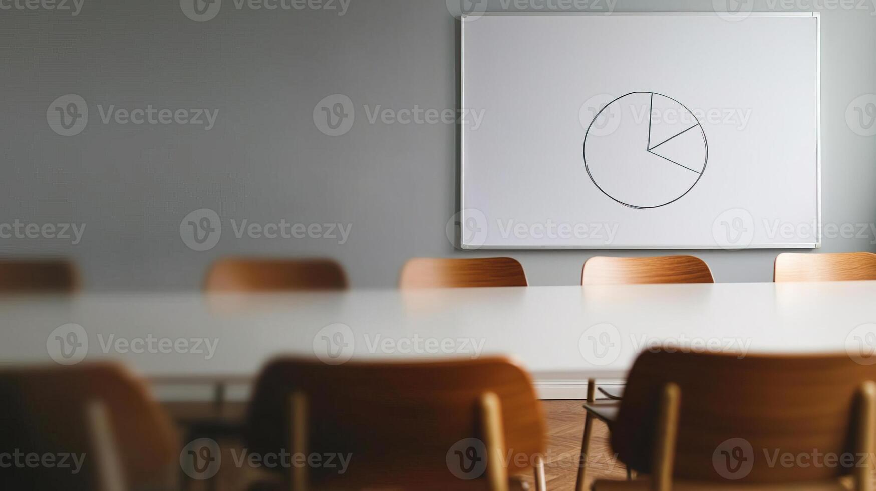 Empty workspace with a pie chart drawn on a whiteboard, indicating readiness for teamwork in analysis photo