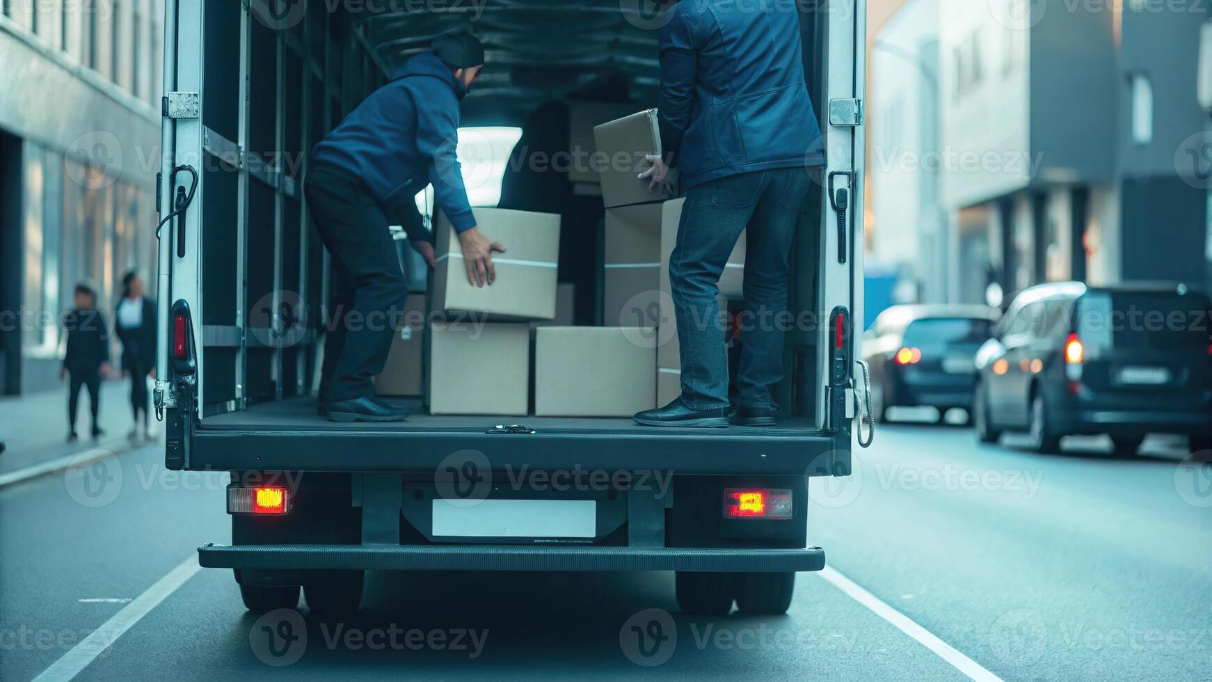 Workers Unloading Packages from Delivery Truck photo