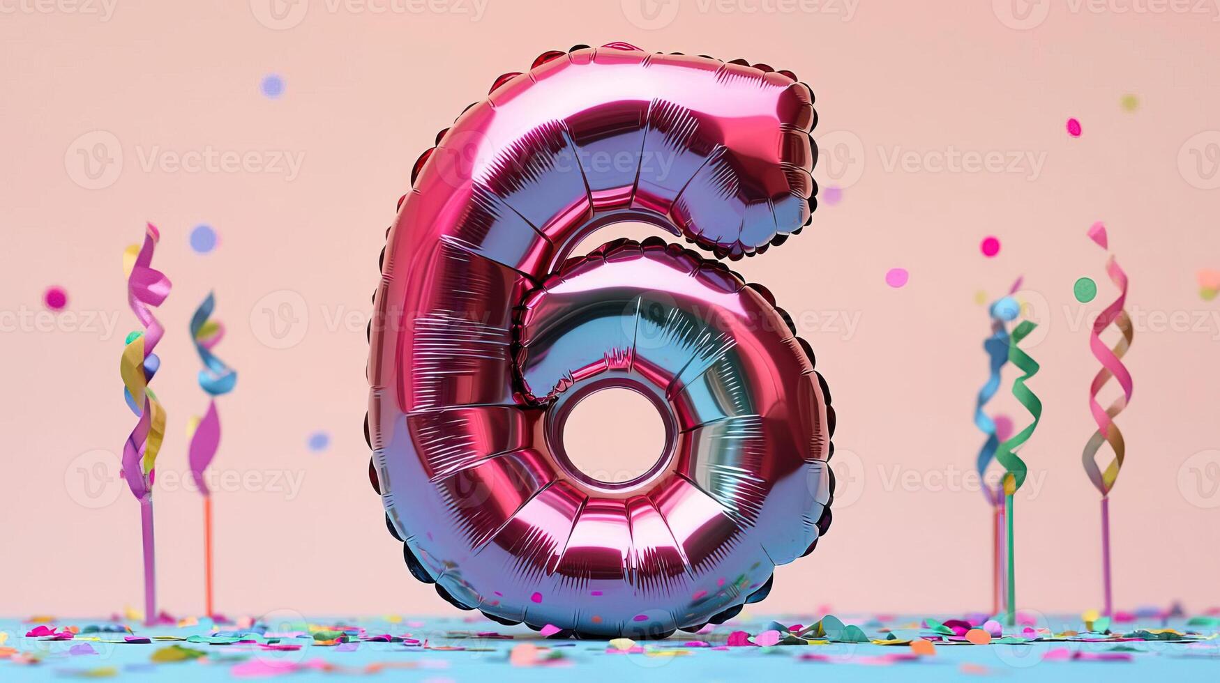 Glossy number 6 balloon with confetti around, cheerful birthday setup, vibrant and full of color photo