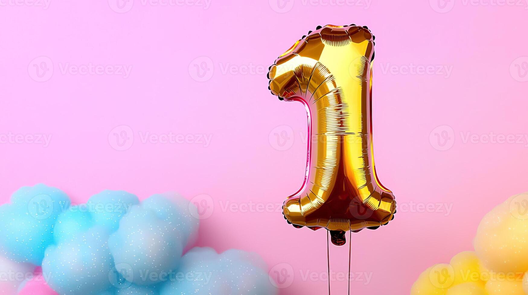 Golden number 1 balloon floating in pastel clouds, whimsical and dreamy birthday celebration, soft colors and sparkles photo