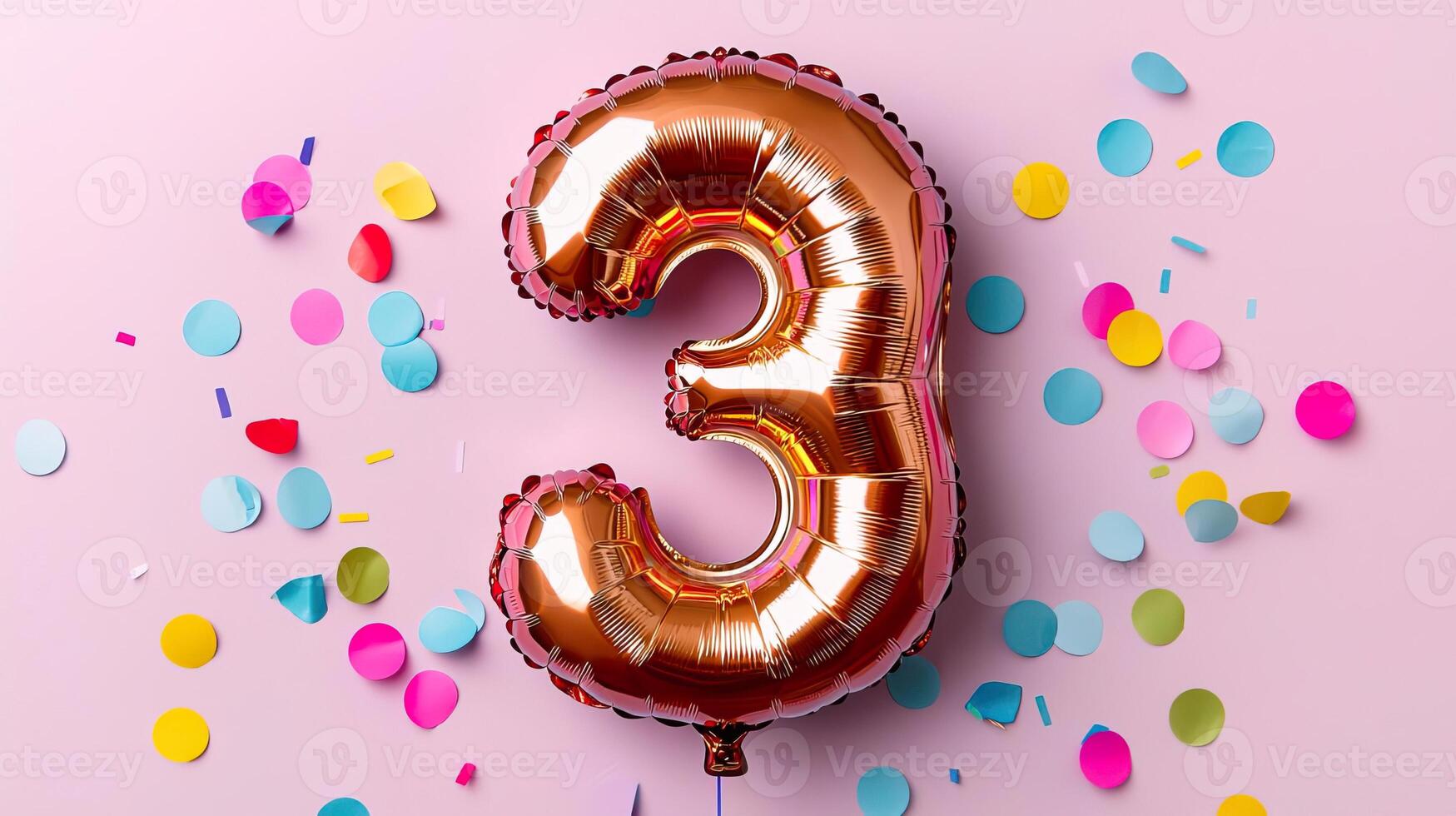 Glossy number 3 balloon surrounded by floating confetti, fun and cheerful birthday theme, colorful and vibrant photo