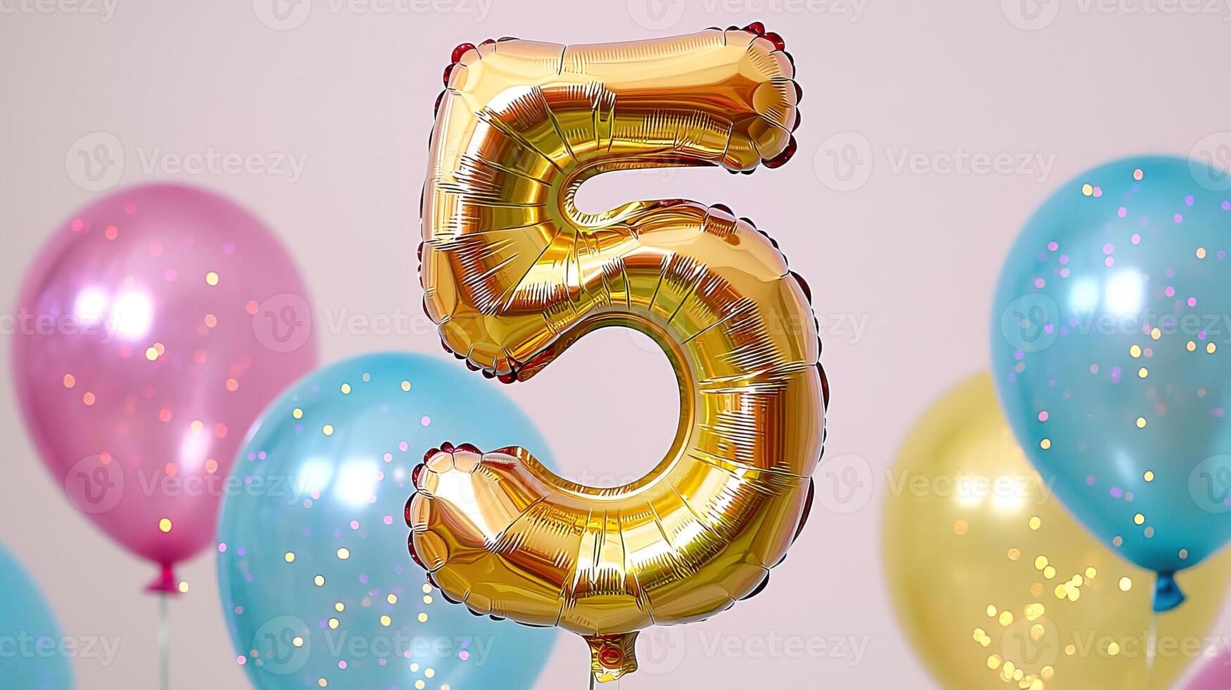Golden number 5 balloon with soft pastel tones and sparkles, whimsical birthday celebration, gentle color scheme photo