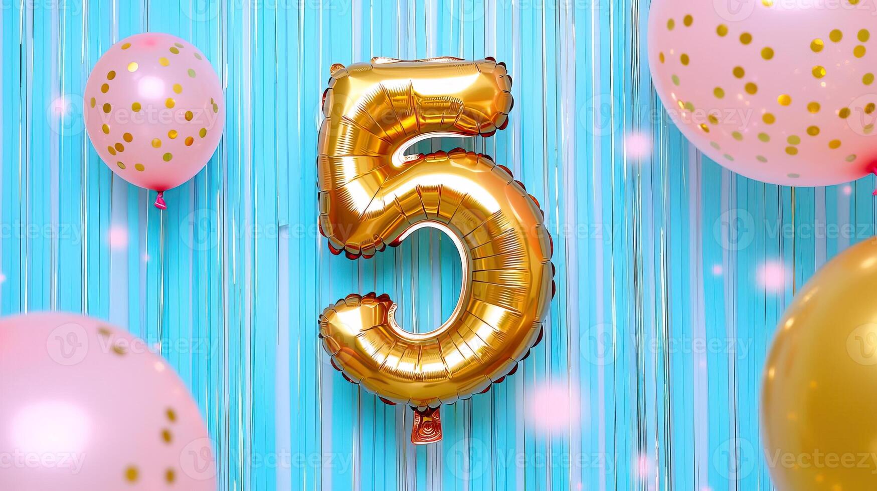 Golden number 5 balloon with soft pastel tones and sparkles, whimsical birthday celebration, gentle color scheme photo
