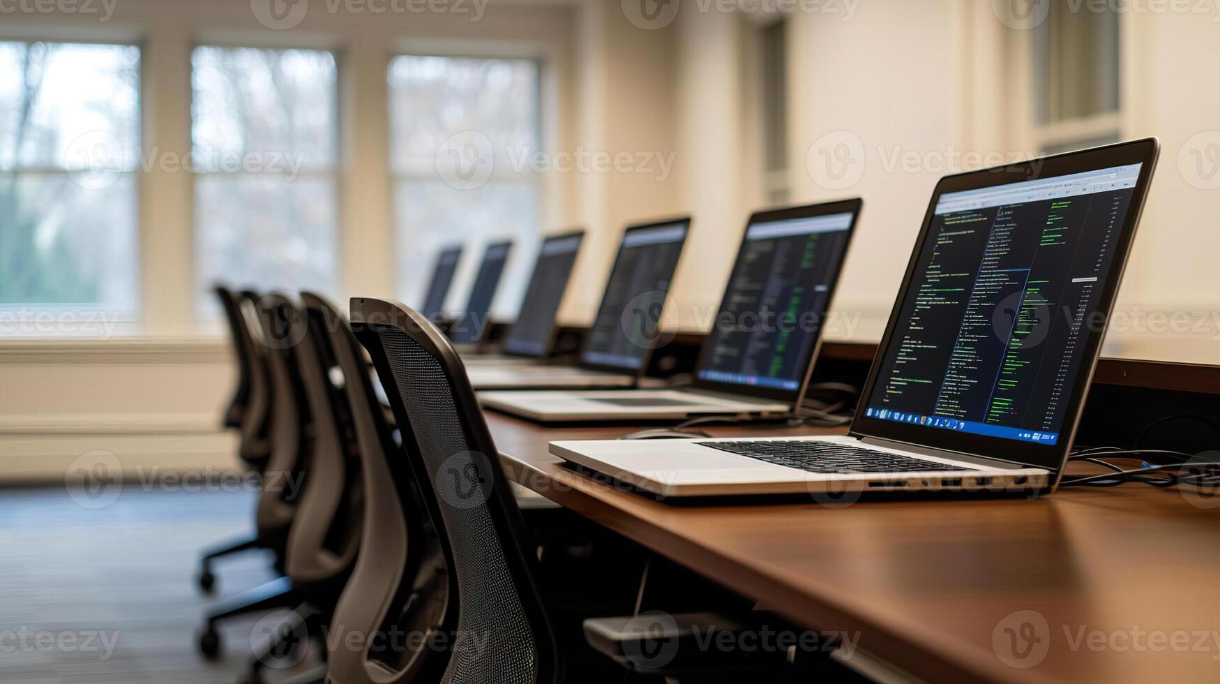 Meeting space with laptops on, displaying analytics tools, symbolizing a teamwork-focused analysis photo