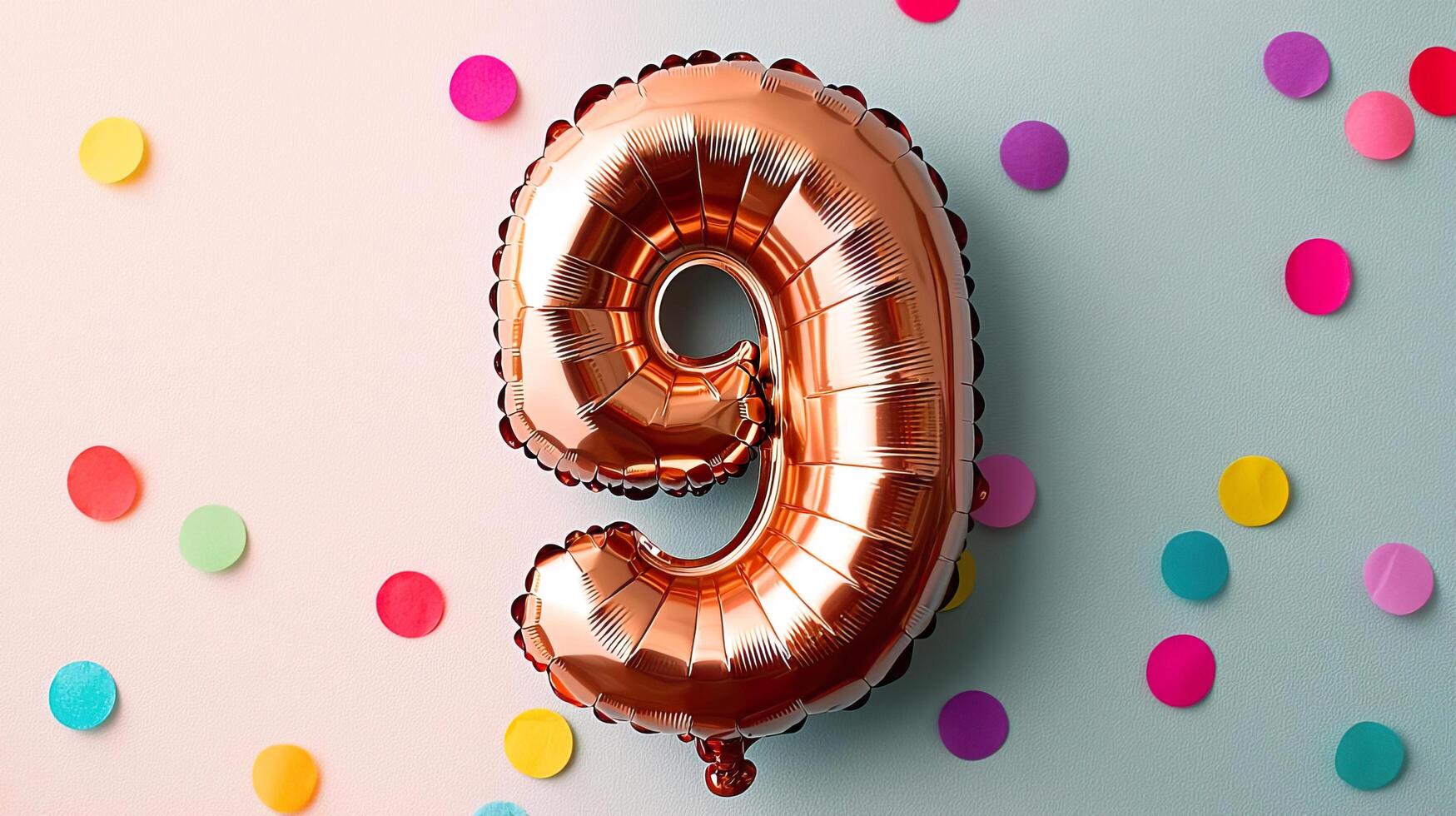 Metallic number 9 balloon with colorful confetti, cheerful birthday setup, bright and lively celebration photo