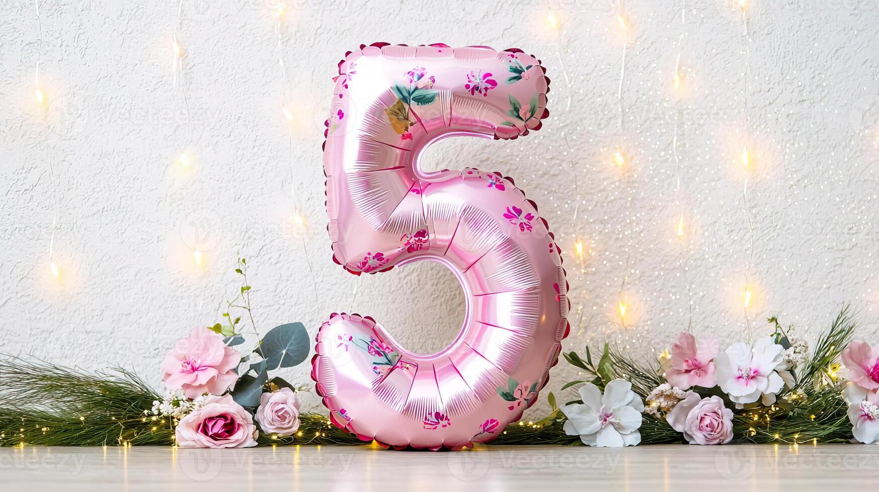 Pastel pink number 5 balloon with floral decor, surrounded by sparkles, stylish and soft birthday theme photo