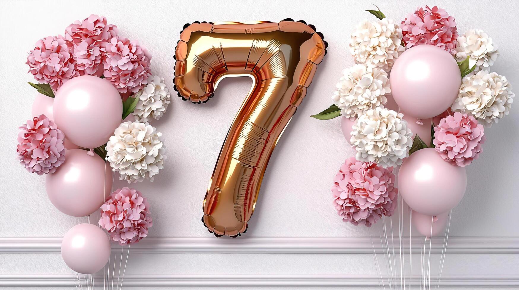 Rose gold number 7 balloon surrounded by soft pink and white accents, elegant birthday setup with luxurious style photo