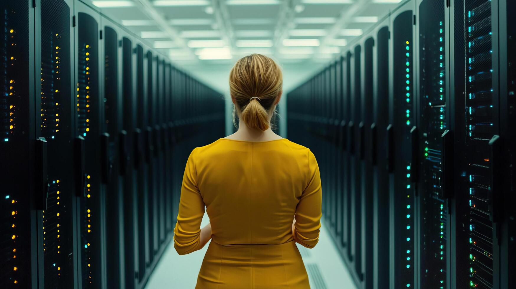 Woman in a data center analyzing server racks, female leadership in tech, advanced technology setup photo