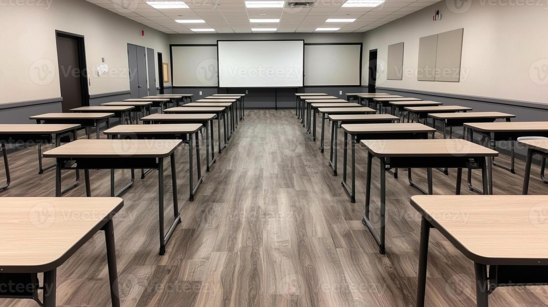 Open and Empty Classroom with Neatly Arranged Desks photo