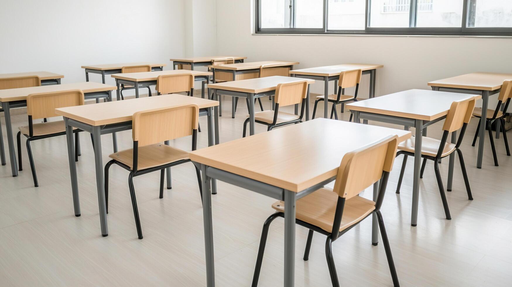 Empty Classroom with Desks and Chairs photo