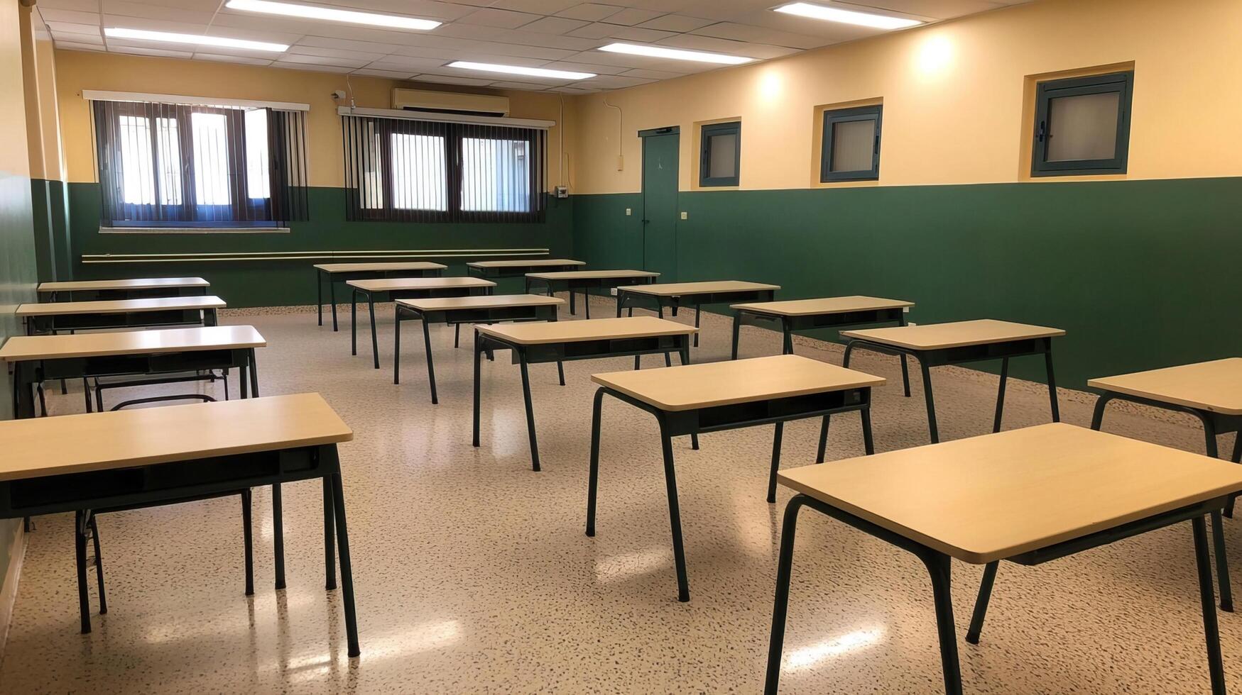Neatly Arranged Desks in an Empty Room photo