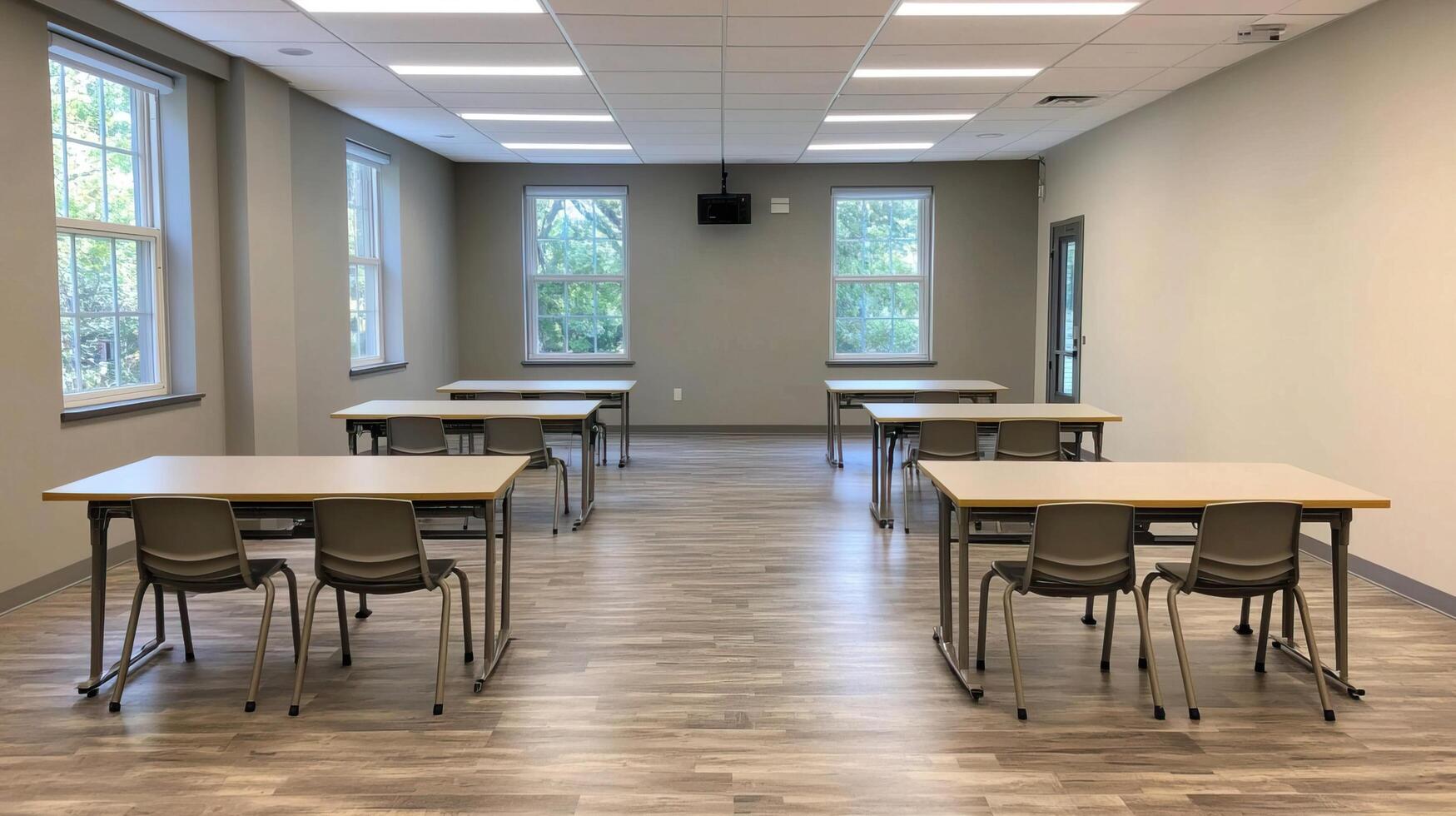 Empty Classroom with Desks and Chairs in Morning Light photo