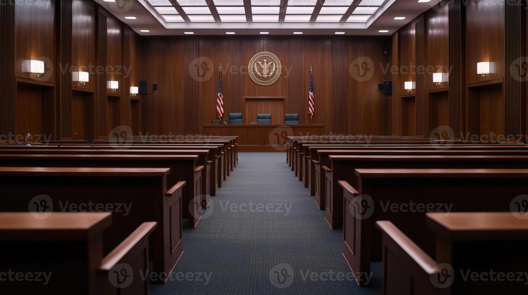 Empty courtroom with lights dimmed, symbolizing the orderly, serious nature of the legal process photo
