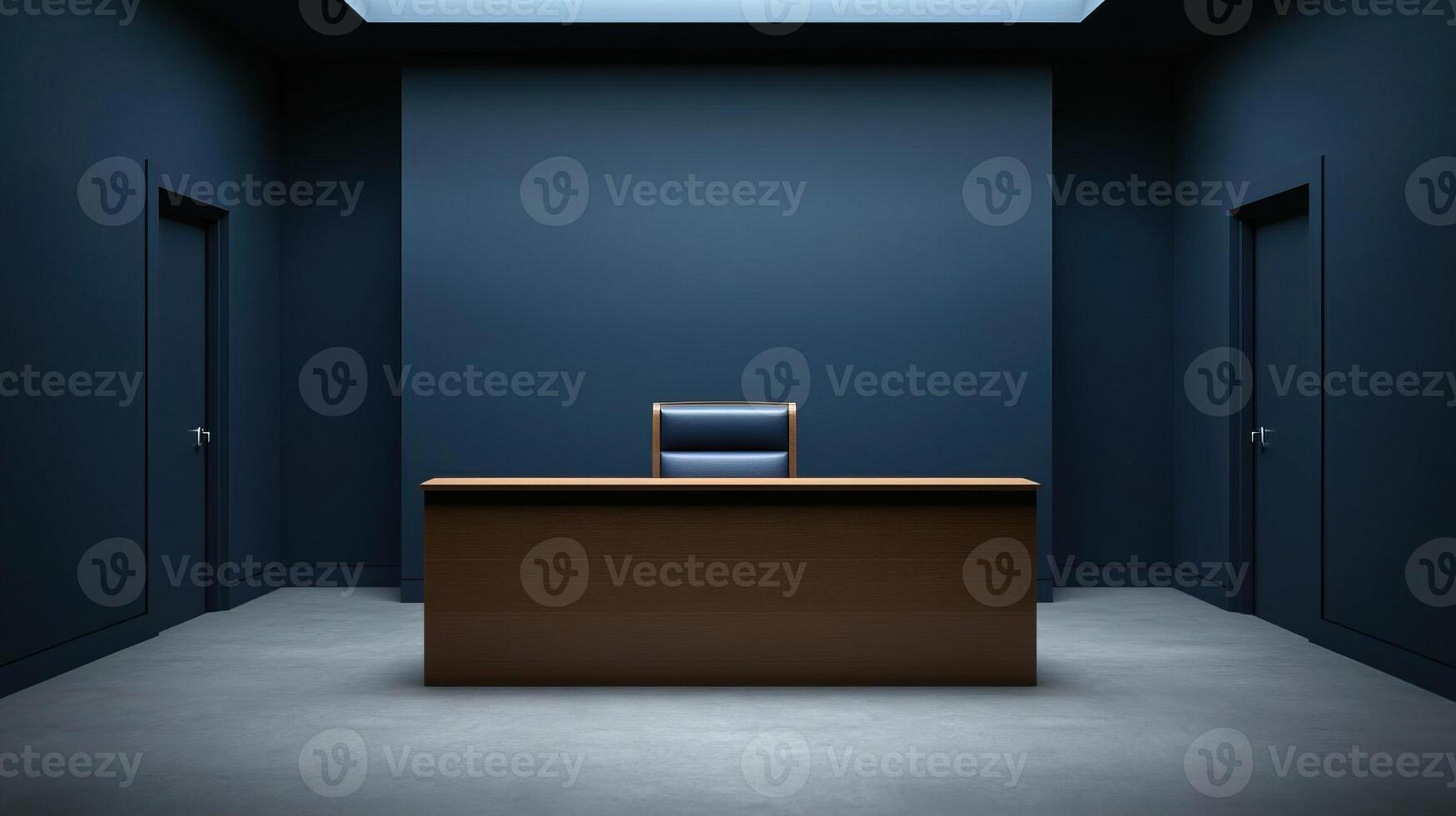 Silent, empty courtroom with judge's bench prominent, evoking the authority of the law photo