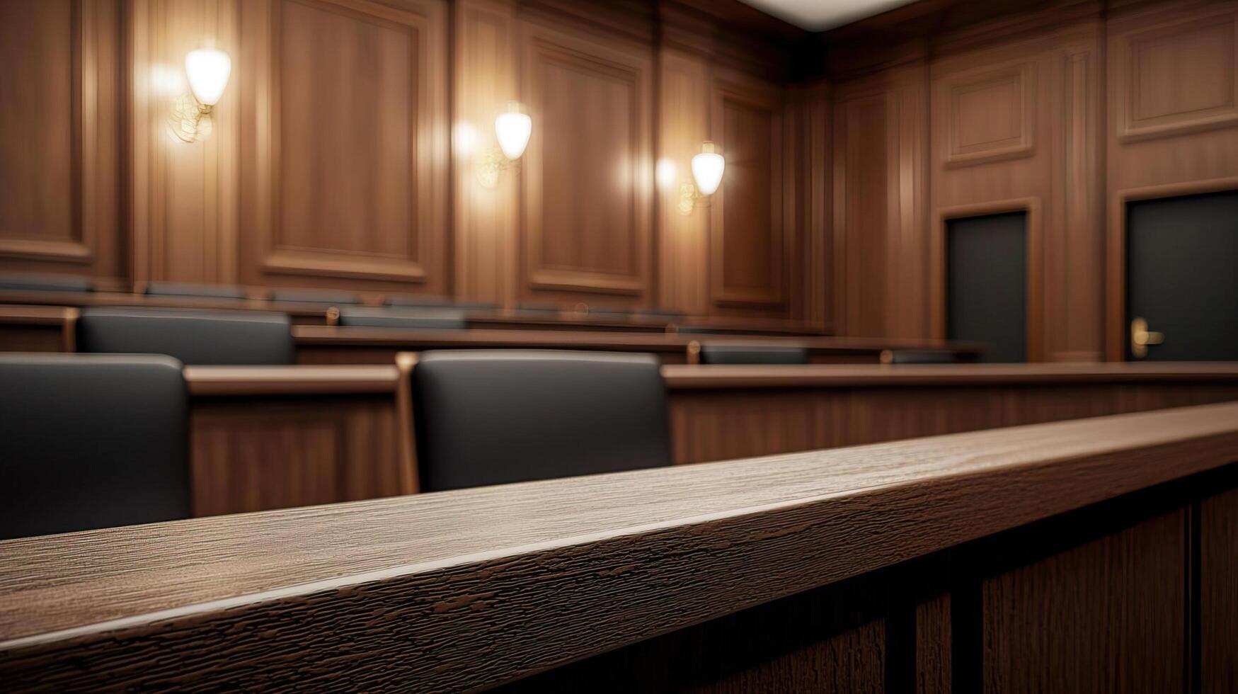 Silent, empty courtroom with judge's bench prominent, evoking the authority of the law photo