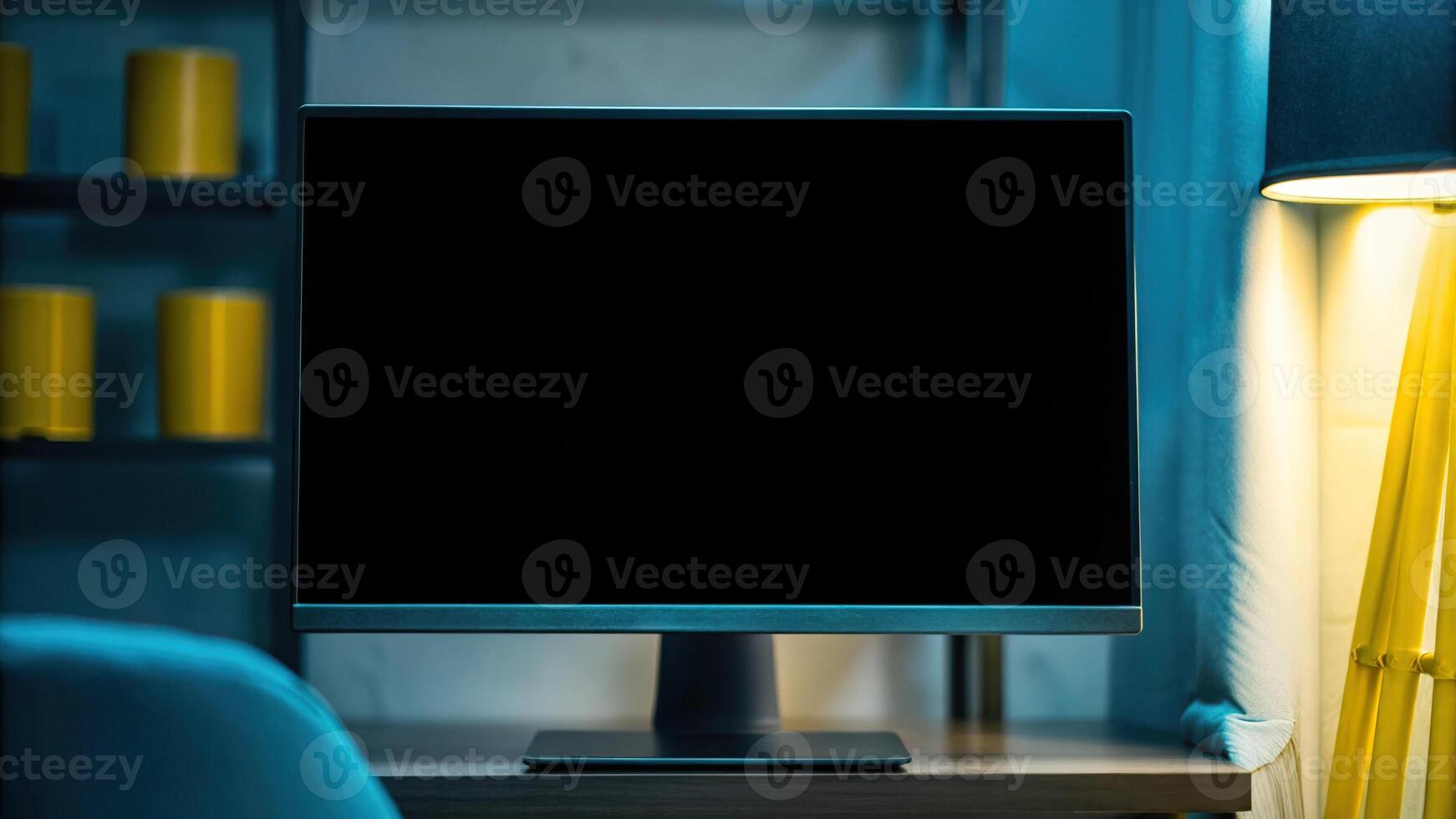 Modern Black Computer Monitor Against Minimalist Backdrop photo