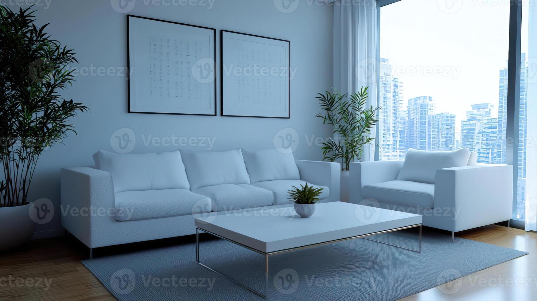 Modern interior showcasing a white sofa and coffee table in a detailed 3D rendering. photo