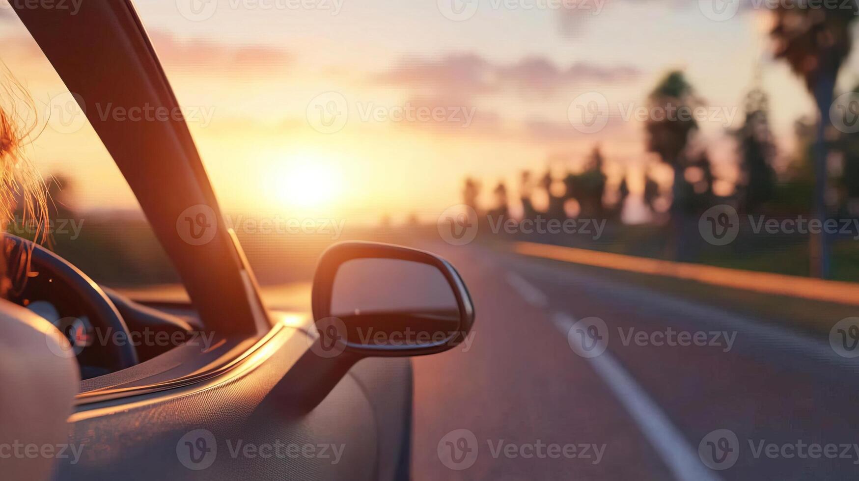 Happy couple driving a sports car into the sunset, capturing a moment of joy and adventure together. photo
