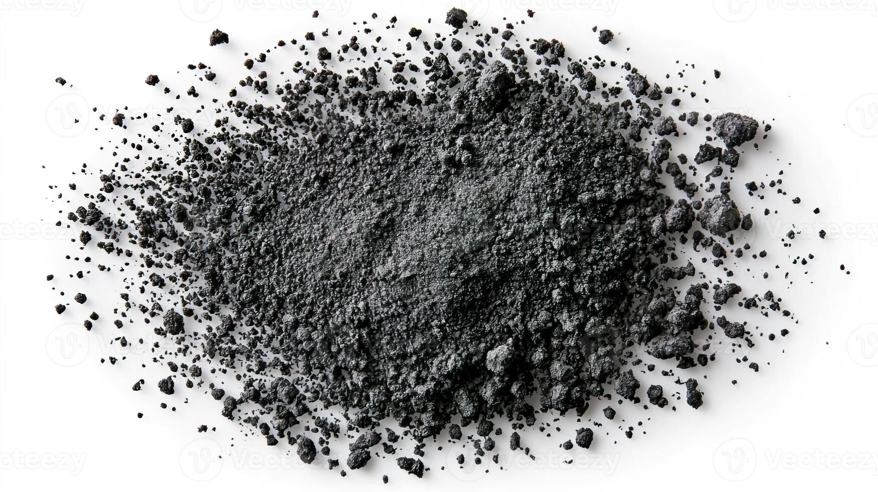 Black charcoal dust and gunpowder texture isolated on a white background, top view perspective. photo