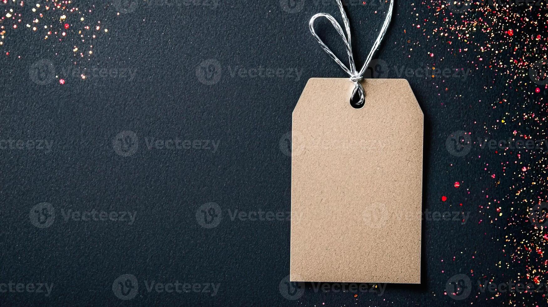 Black recycled price card with silver elastic band on a black background. photo