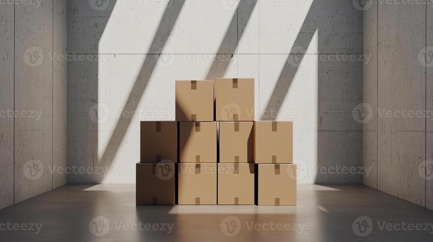 Minimalist background of stacked cardboard boxes in an empty room, symbolizing relocation. photo
