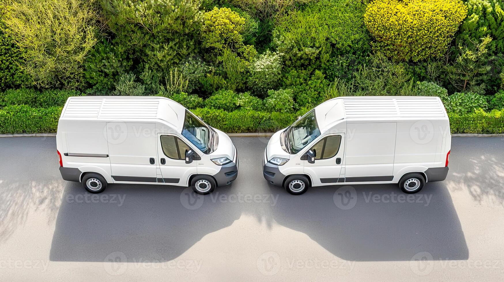 Top view photograph of white vans parked in a row in an open area. The two vans appear to be of similar make and size. The environment appears to be a parking lot. photo