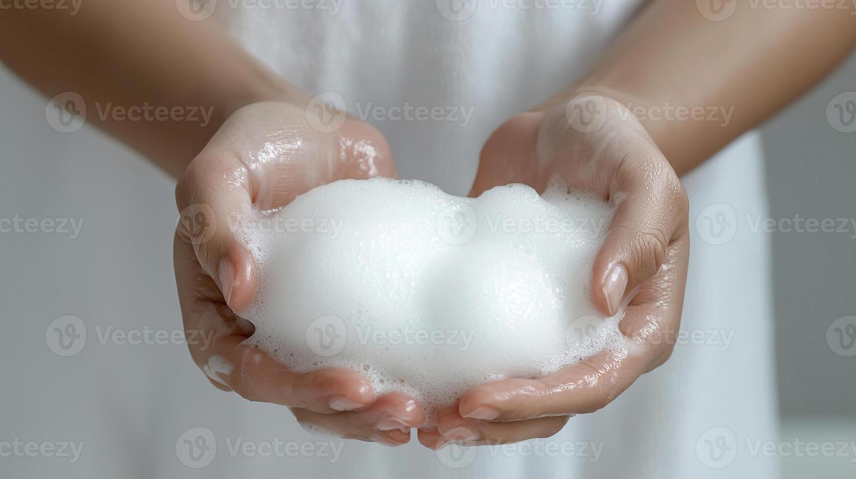 Close-up of an African person's hands which are gently holding a spongy substance, possibly soap or shampoo photo