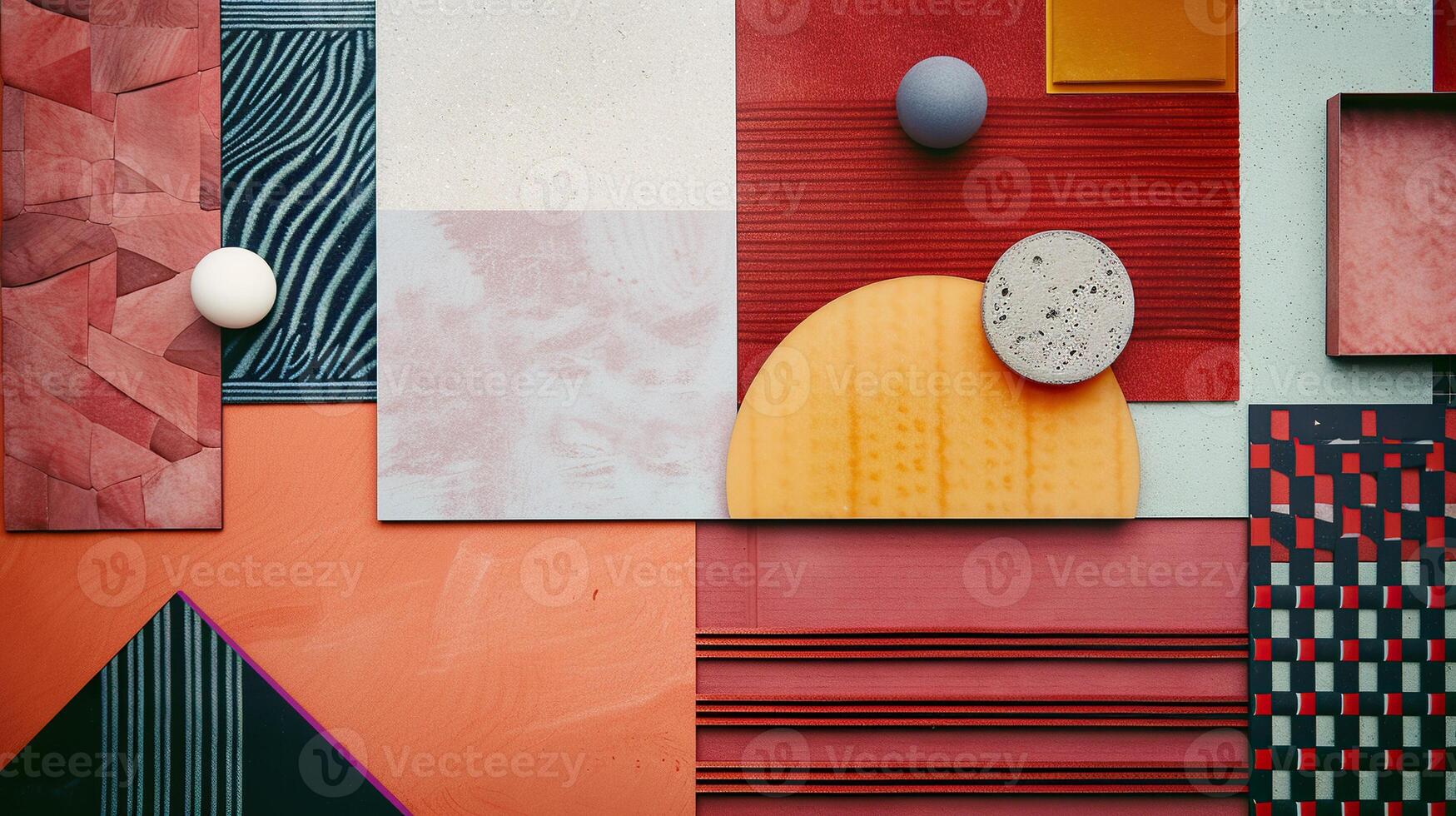flat lay composition of geometrical peace of different texture, pattern or kind material and colors photo