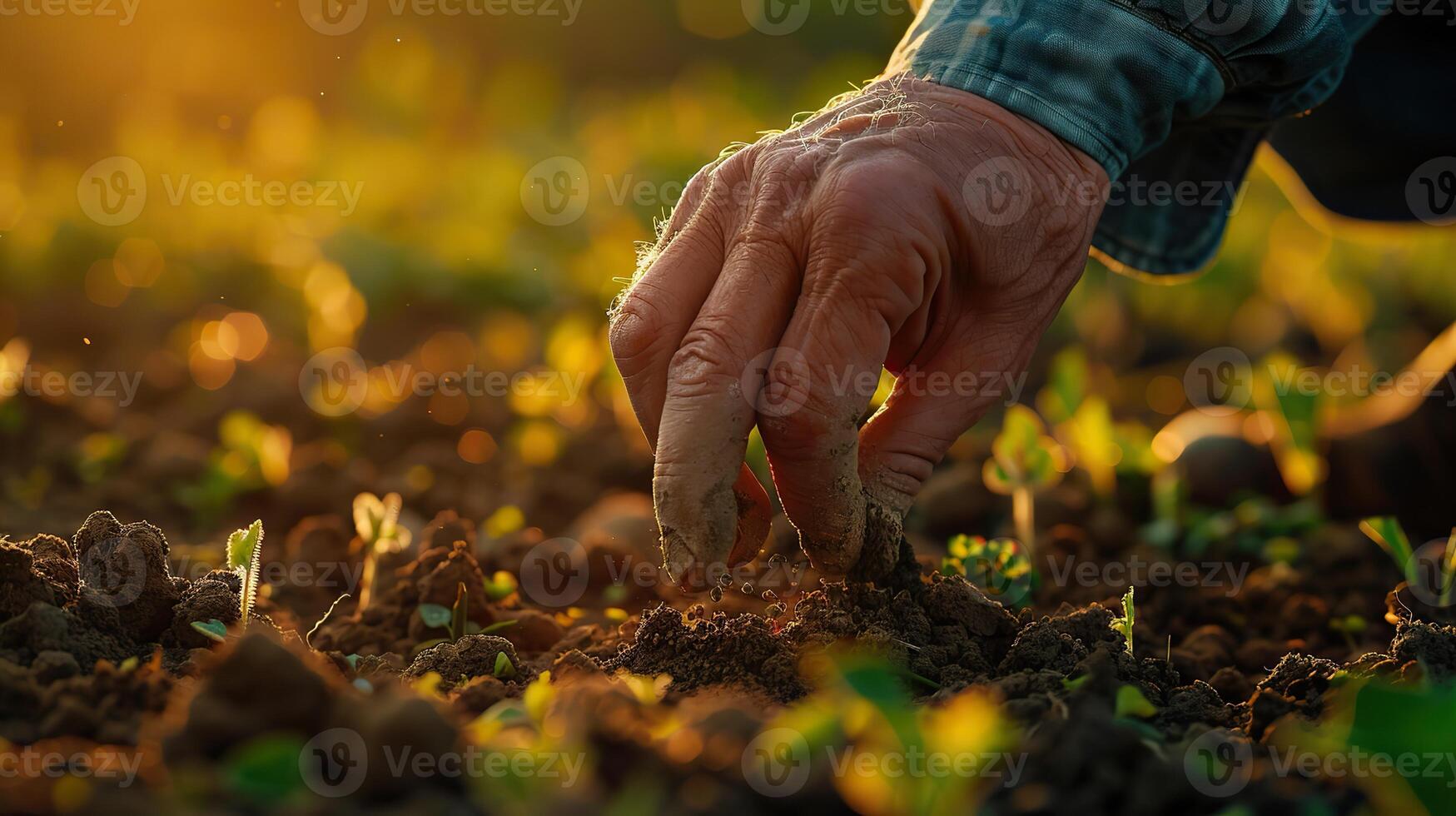 A farmer's hands carefully planting seeds in rich soil, captured against a vibrant green field photo