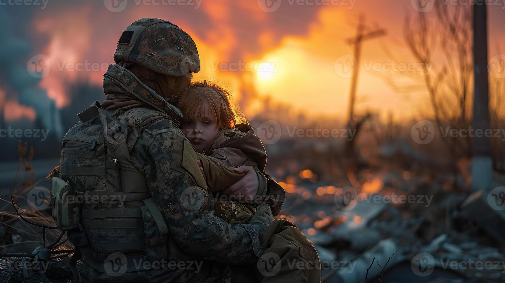 Double exposure of Ukrainian soldier hug little child with city in ruins photo