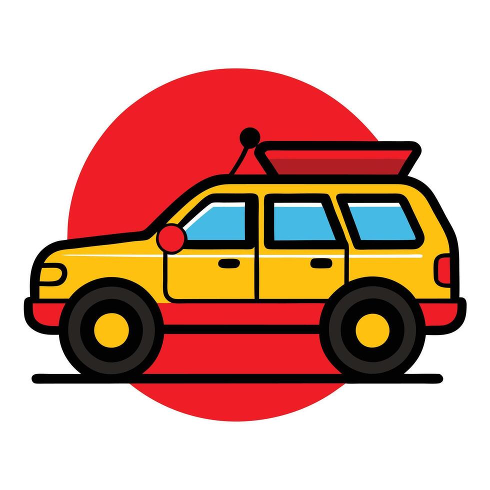 A yellow suv with a surfboard on top vector