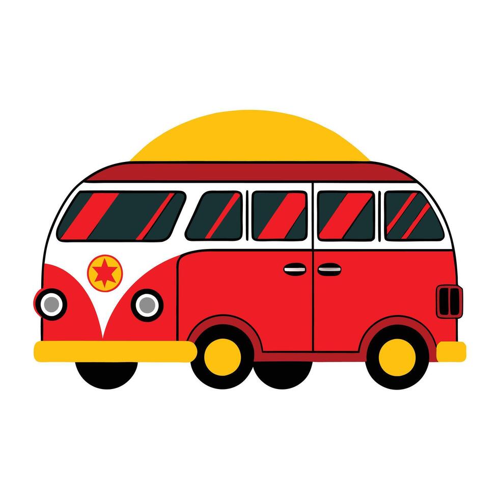 A red and yellow bus with a sun on it vector