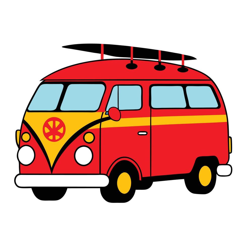 A red van with a surfboard on top vector