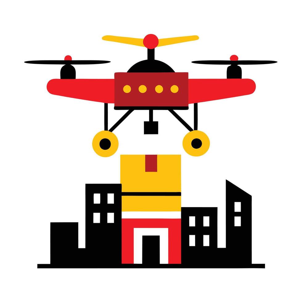 A red and black drone flying over a city vector