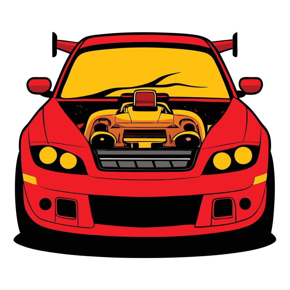 A cartoon car with a hood open and a hood vector