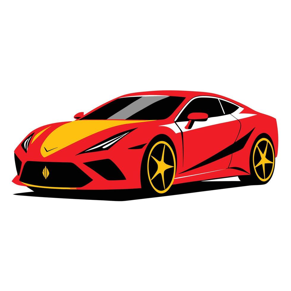 A red sports car with yellow accents on the hood vector