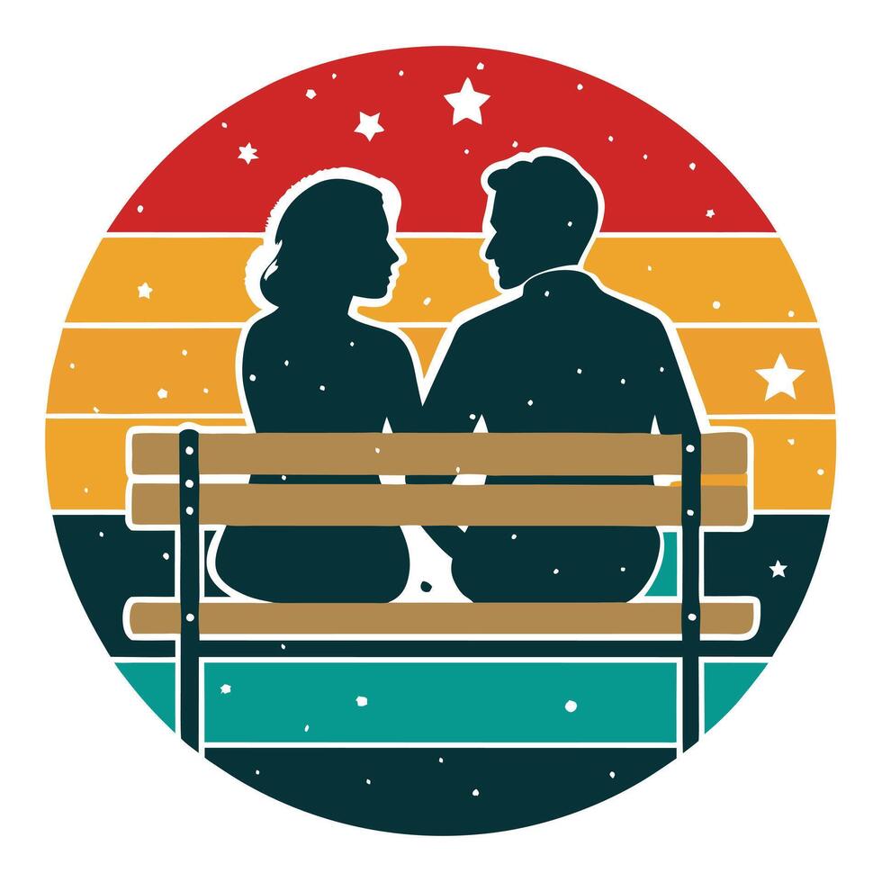 A couple sitting on a bench in front of a colorful background vector