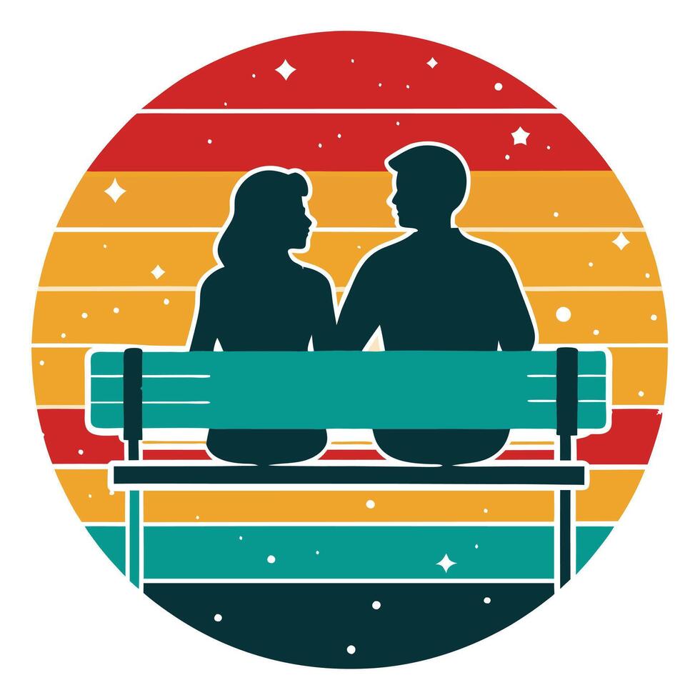 Couple sitting on bench in front of colorful background vector