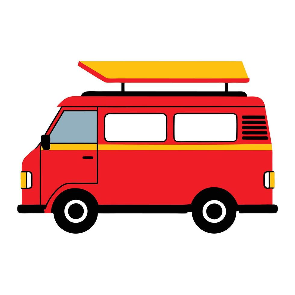 A red van with a surfboard on top vector
